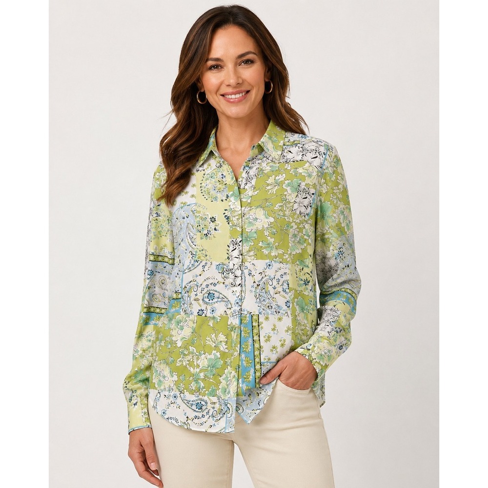 Joie Green Floral Popover Blouse Top Women's XS Paisley Floral Long Sleeve Light